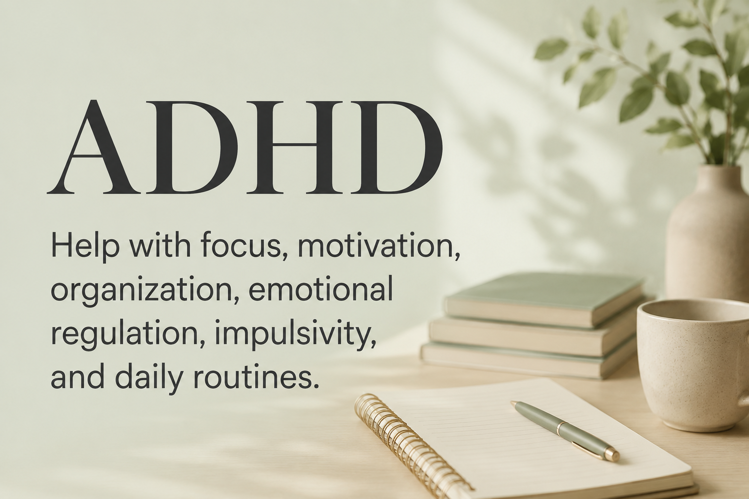 A promotional image about ADHD highlighting focus on help with motivation, organization, emotional regulation, impulsivity, and daily routines. The background shows a tidy desk with a notebook, pen, stack of books, a cup, and a vase with greenery.