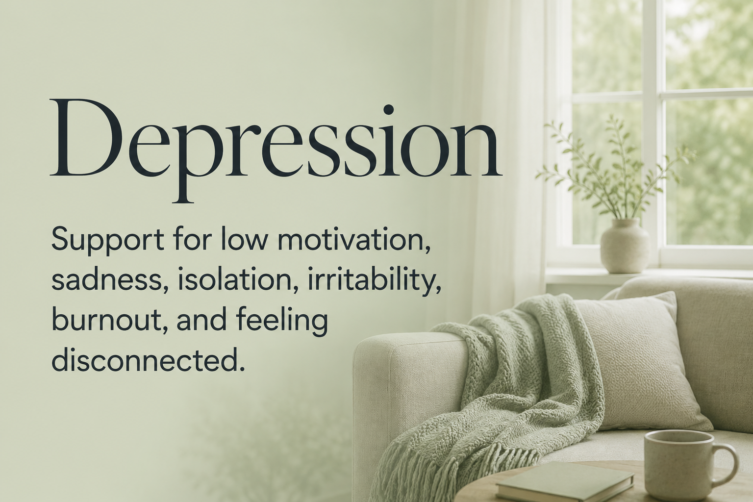 An informational poster discussing depression, mentioning support for low motivation, sadness, isolation, irritability, burnout, and feeling disconnected, with a cozy living room background including a beige sofa, a throw blanket, a cup, and a plant