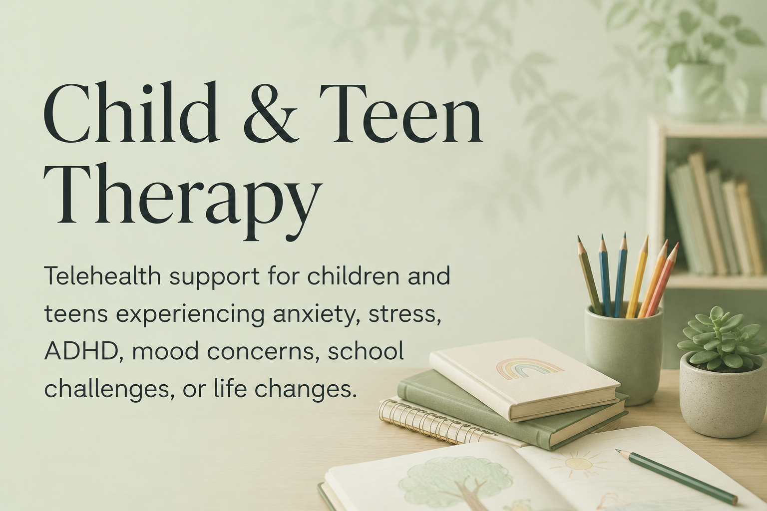 Text on a green background promoting Child & Teen Therapy, mentioning telehealth support for children and teens experiencing anxiety, stress, ADHD, mood concerns, school challenges, or life changes. The scene includes a desk with notebooks, a green cup of colored pencils, a potted succulent, and an open notebook with a hand-drawn tree and sun, with a background of a bookshelf and potted plant.