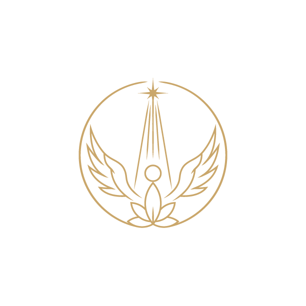 A gold-colored logo featuring a stylized angel with wings inside a circle, with rays emanating from a star at the top.