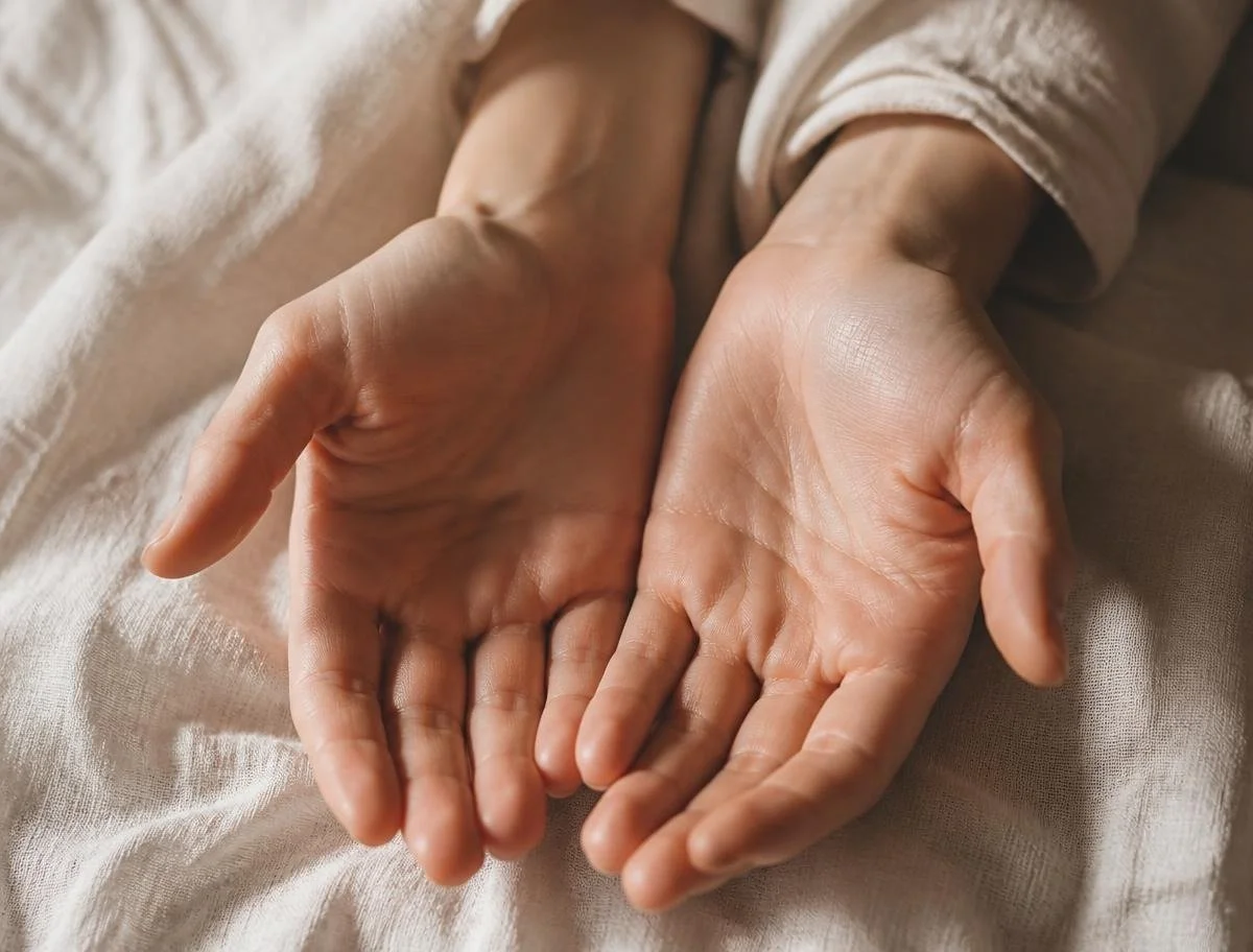 Close-up of open, empty hands resting on a light-colored fabric surface