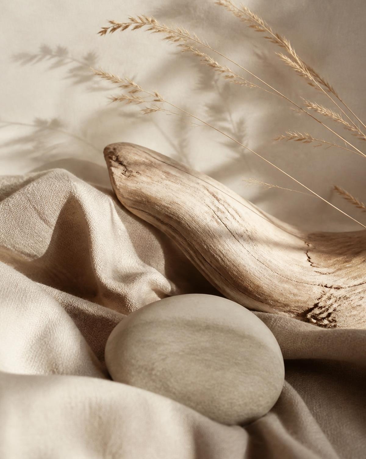 A smooth, round stone rests on light-colored fabric, with weathered driftwood and dried grass in the background, casting shadows on the wall.