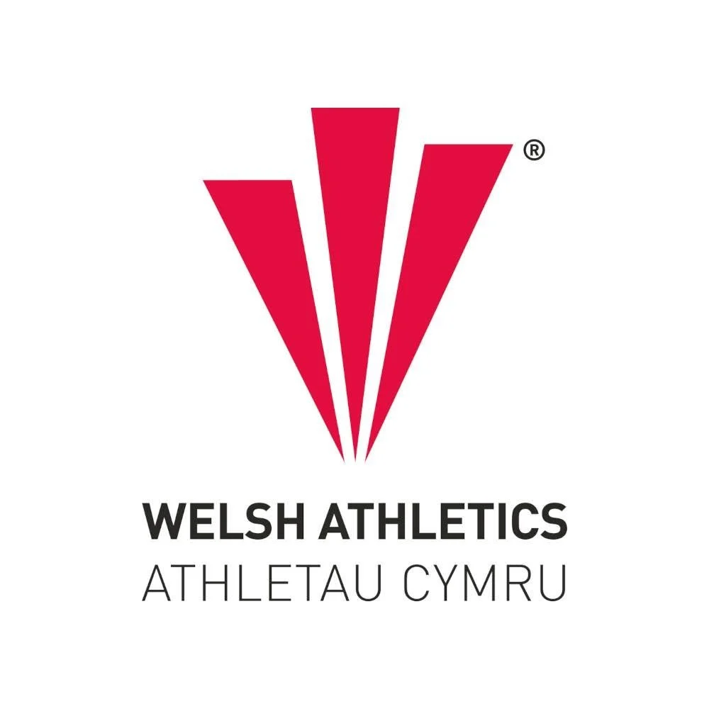 Welsh Athletics logo with three red vertical stripes and text 'Welsh Athletics Athleta Cymru' underneath.