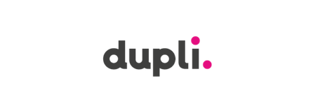 The Dupli logo in black and pink text on a black background.