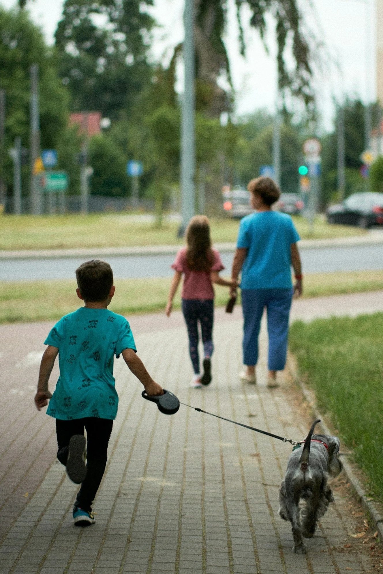 A young boy and girl walking their dog on a sidewalk in a neighborhood during dusk or dawn. The boy is holding a helmet in his hand and is wearing a blue shirt. The girl is wearing a pink shirt. The background includes trees, street lights, and parked cars.