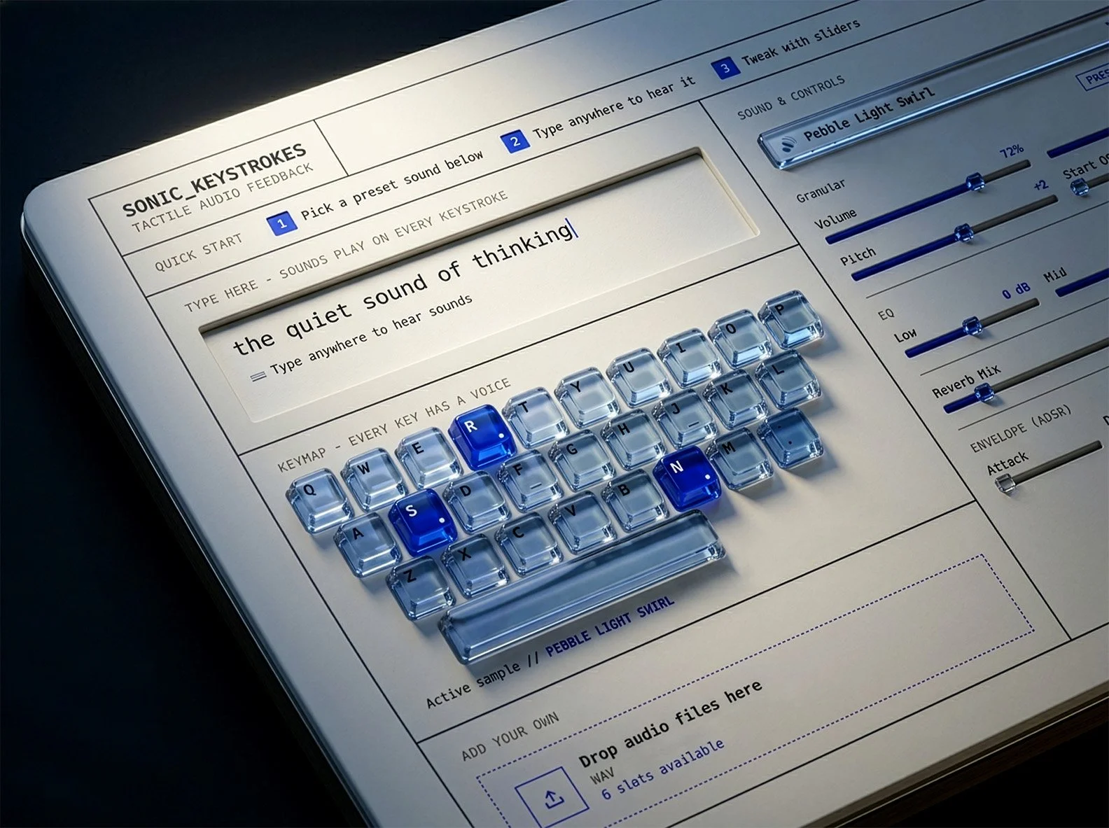 Front-End Code · UI Design · Visual Design · Interaction Design · Prototyping · Audio Engineering · Sound Design · 3D Rendering: Sonic Keystrokes