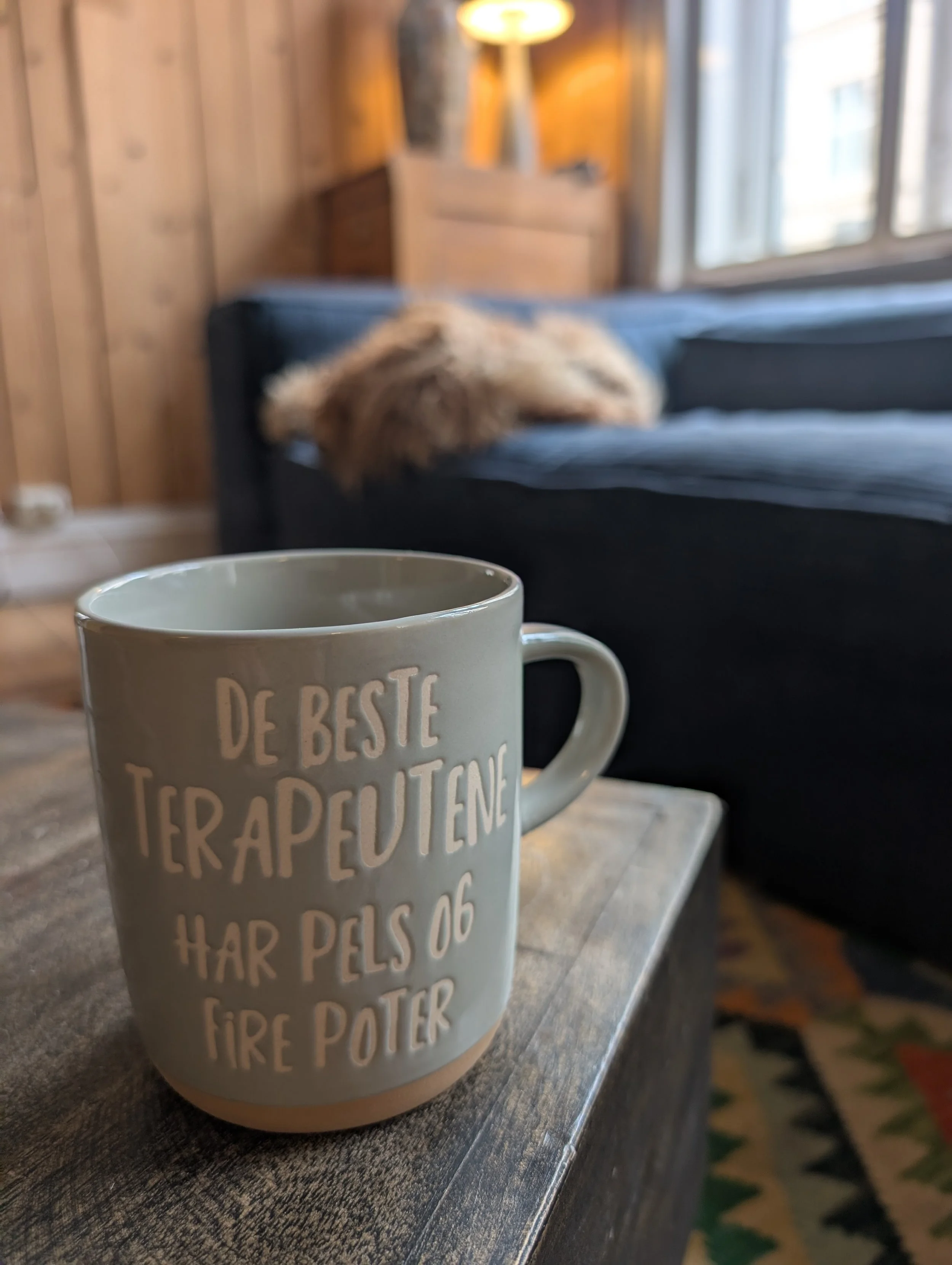 En hvit keramikk kopp med teksten 'De beste' på, plassert på et bord i et rom med trevegger og et vindu, med en sofa og en lampe i bakgrunnen.