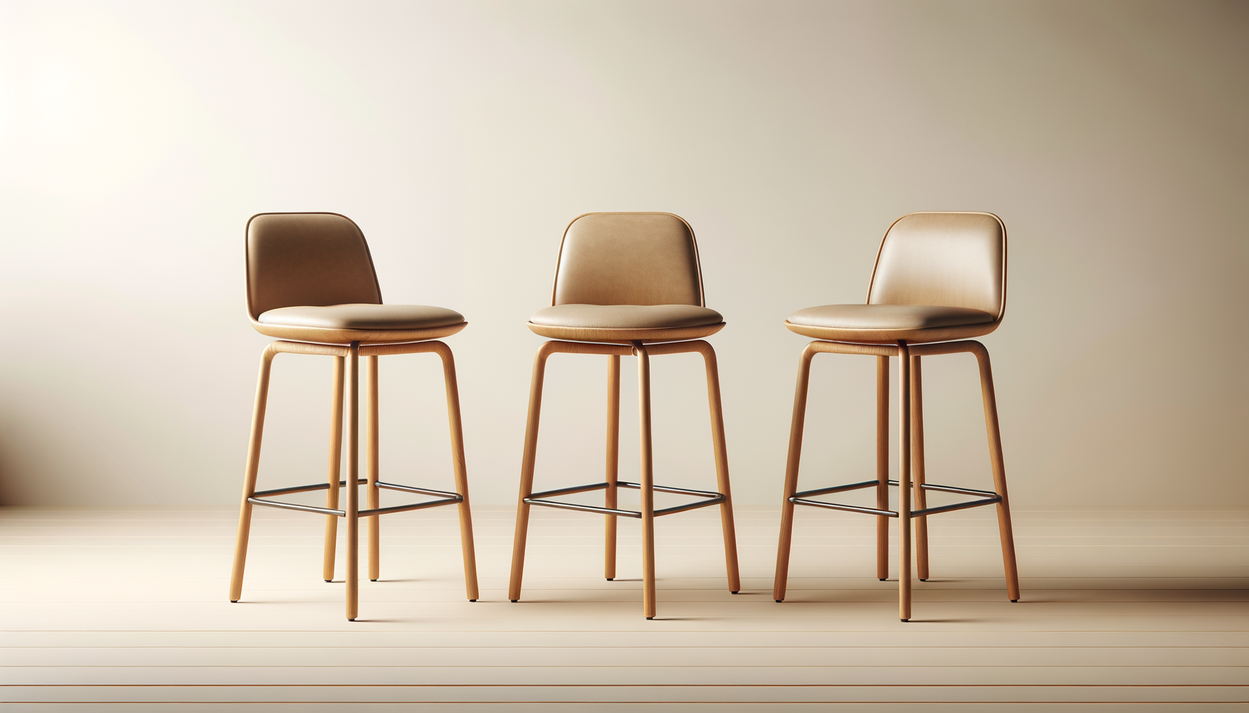 Three beige barstools with wooden legs and black metal footrests lined up against a plain light beige wall.