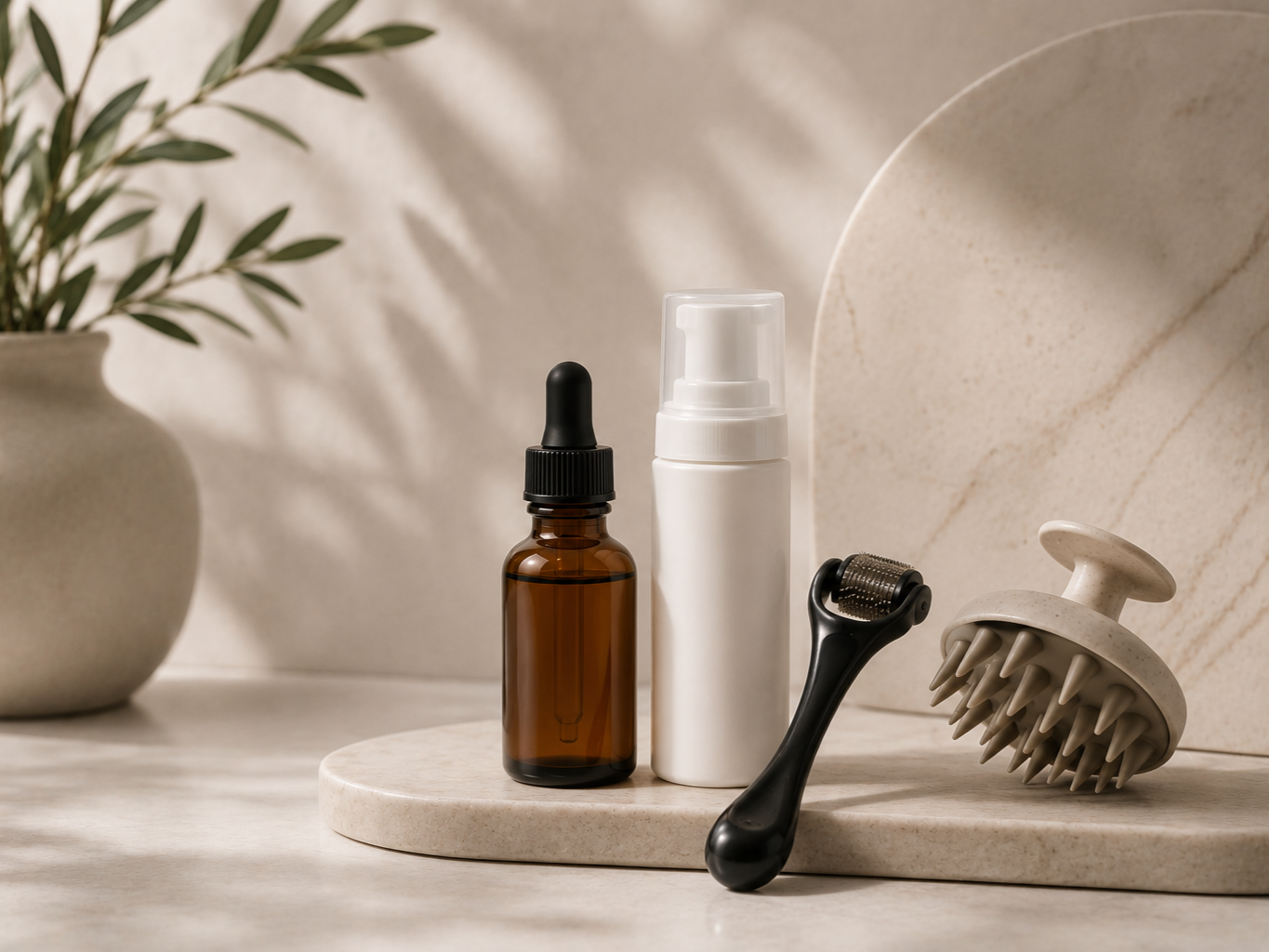 Skincare and facial massage tools including a brown dropper bottle, a white spray bottle, a black facial roller, and a textured facial massage roller on a beige stone surface with a potted plant in the background.