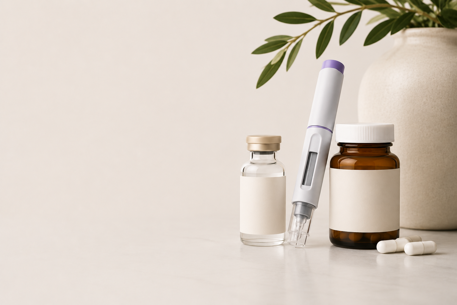 Medical supplies including a glass vial, a brown bottle with capsules, a digital thermometer, and two pills on a white surface with a plant in the background.