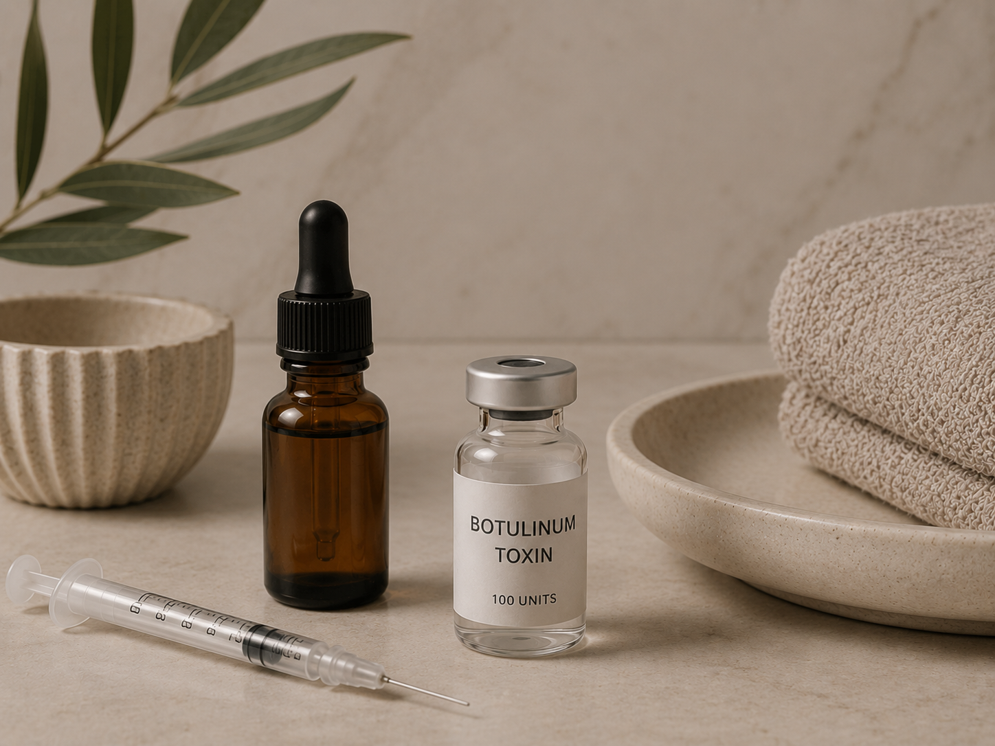 A brown glass dropper bottle and a clear vial labeled Botulinum Toxin on a beige countertop, with a syringe in the foreground and towels and a bowl in the background.