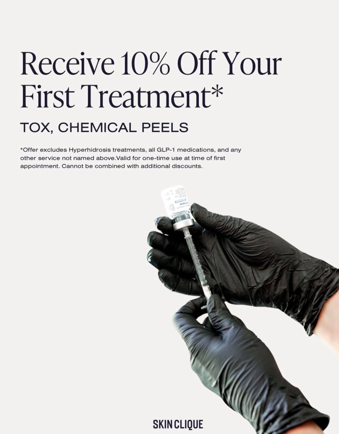 Advertisement offering 10% off first treatment for toxins and chemical peels, with an image of a hand in black gloves holding a syringe, promoting skincare services.