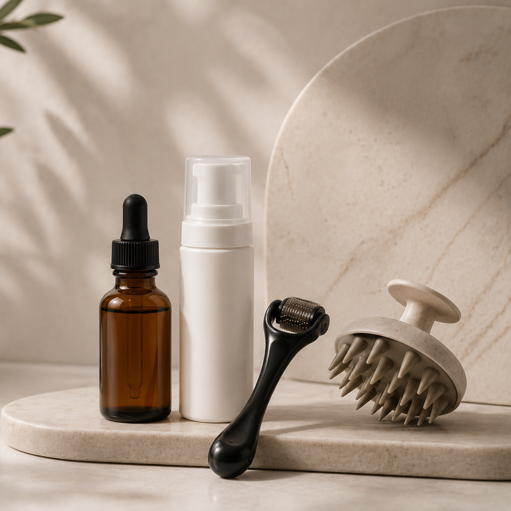 Skincare tools and products including a brown glass dropper bottle, a white pump bottle, a black derma roller, and a silicone scrubber on a stone surface with a marble backdrop.