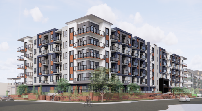 Rendering of a modern multi-story apartment building with balconies, trees, and a sidewalk.