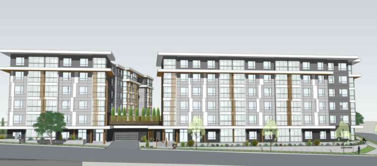 Architectural drawing of a modern residential building with multiple floors, large windows, and landscaped green spaces in front.