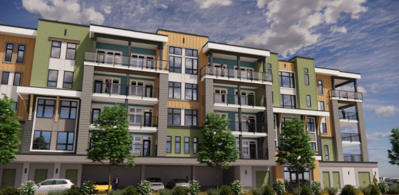 Multi-story modern apartment building with balconies, surrounded by trees and parked cars under a partly cloudy sky.