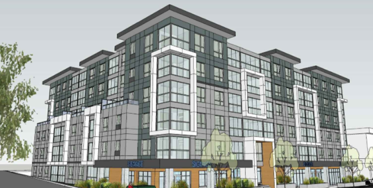 Rendering of a modern multi-story apartment building with large glass windows and a commercial space on the ground floor, surrounded by trees and plants.