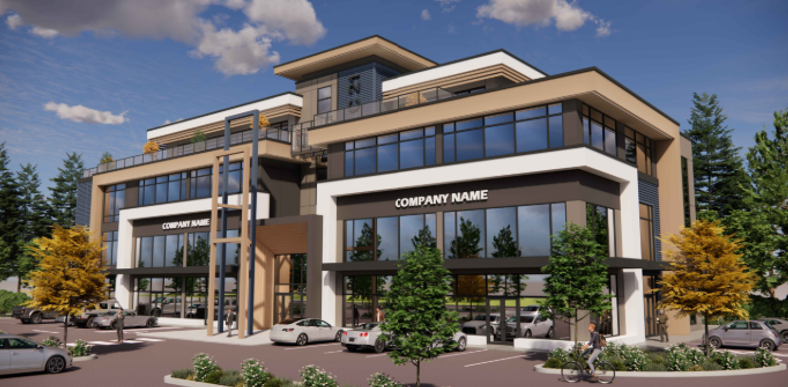 Modern multi-story commercial building with large windows, parking lot, trees, and people, with signs indicating a company.