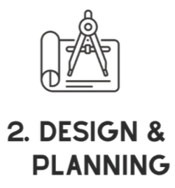 Icon of drafting compass and rolled-up blueprint, with text '2. Design & Planning'