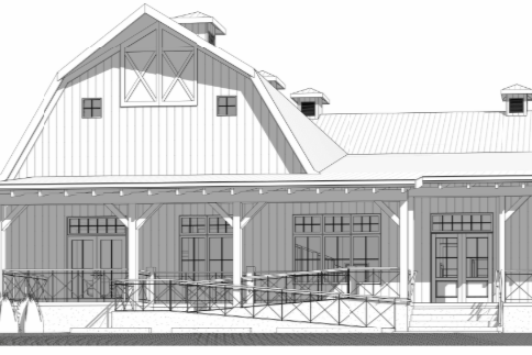 Line drawing of a large barn-style building with a sloped roof, small windows, and a covered porch with decorative railings.