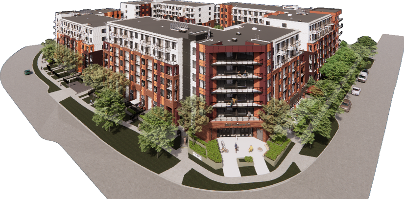 A multi-story residential apartment complex with brick and white exterior, featuring balconies and surrounded by trees and landscaping, located on a curved street.