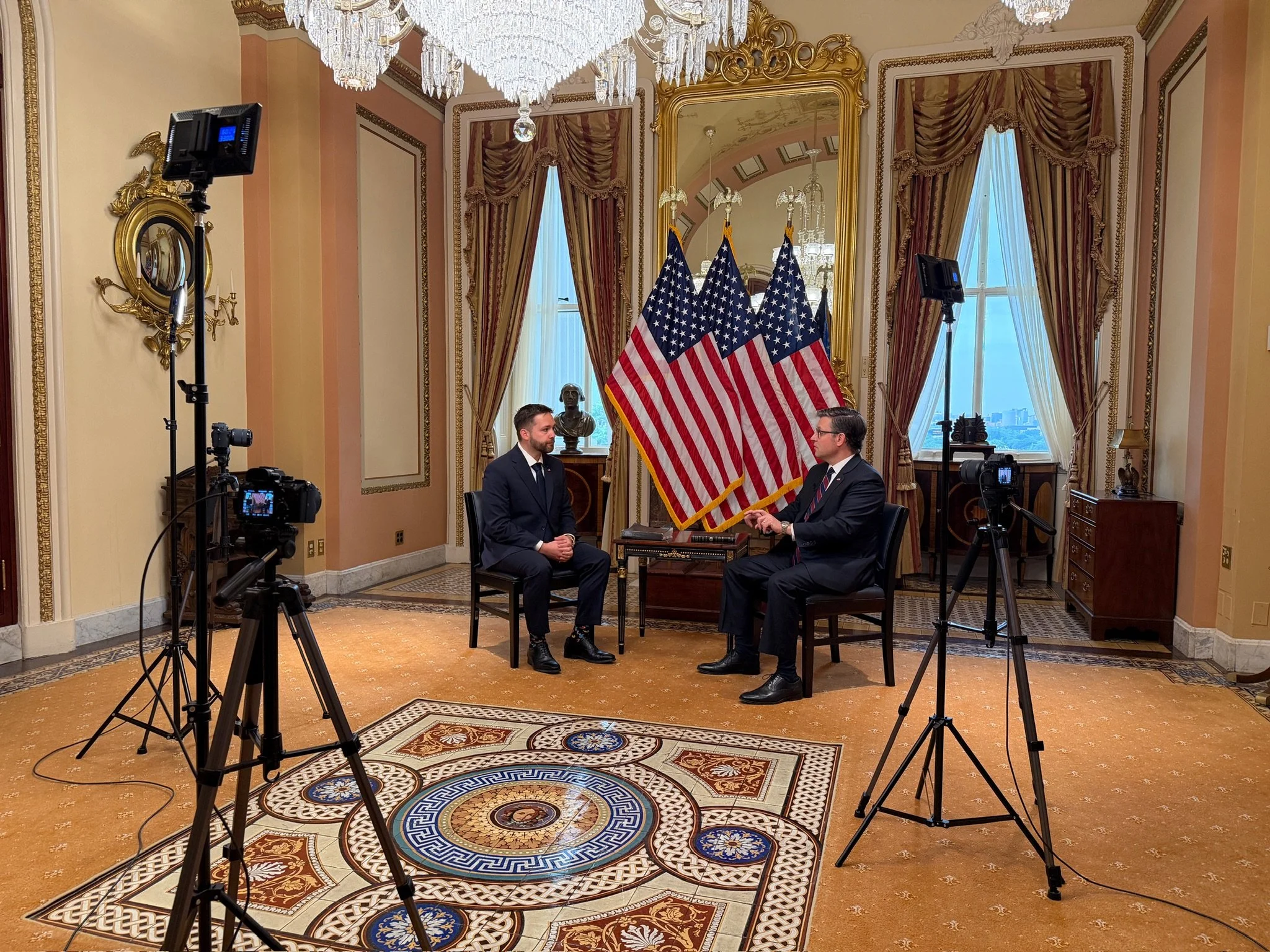 Two-person multi-camera interview production in the united states capital with speaker mike johnson