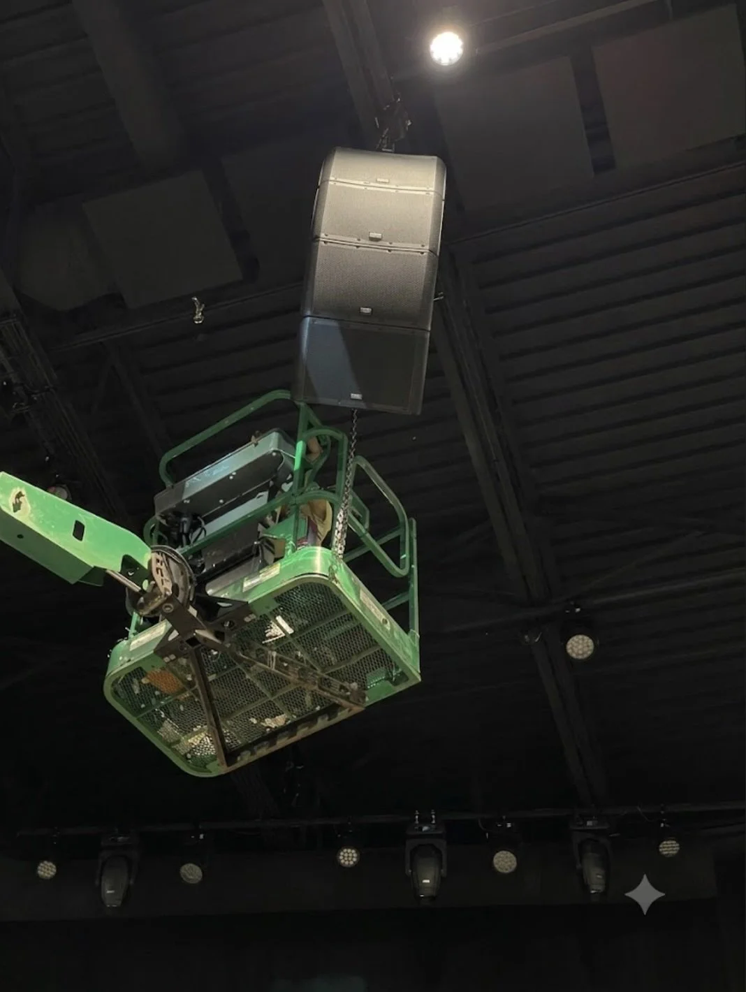 Suspended church loudspeaker installation during an AVL system upgrade