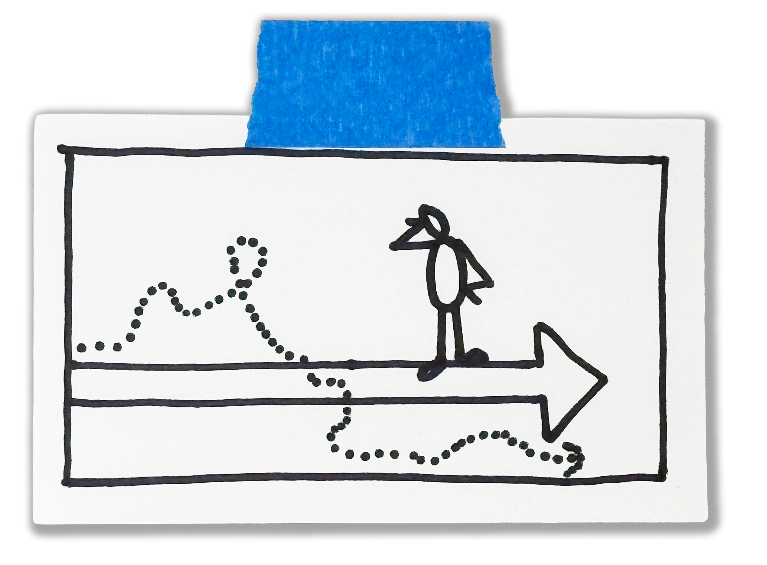 Hand-drawn diagram of a computer screen with a dotted line arrow and a stick figure standing next to it, with a blue sticky note adhered to the top of the computer.