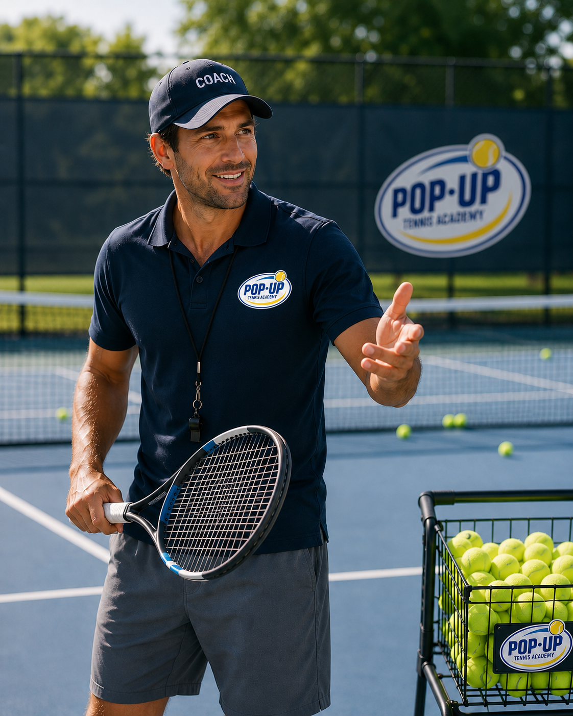 A male tennis coach on a tennis court, holding a tennis racket, next to a cart filled with yellow tennis balls. He is wearing a navy blue polo shirt with a 'Pop-Up Tennis Academy' logo, a cap labeled 'Coach', and gray shorts. There are tennis nets and a sign for 'Pop-Up Tennis Academy' in the background.