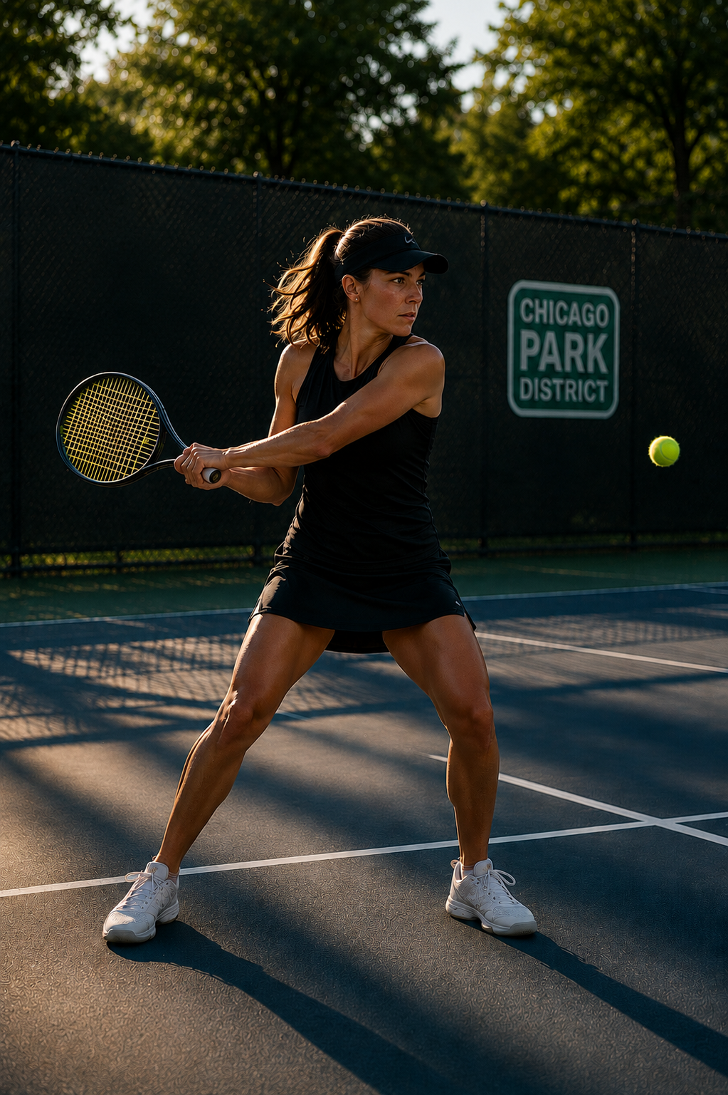 A woman in athletic clothing playing tennis on an outdoor court at sunset. She is preparing to hit a tennis ball with her racket, with a sign reading 'Chicago Park District' in the background.