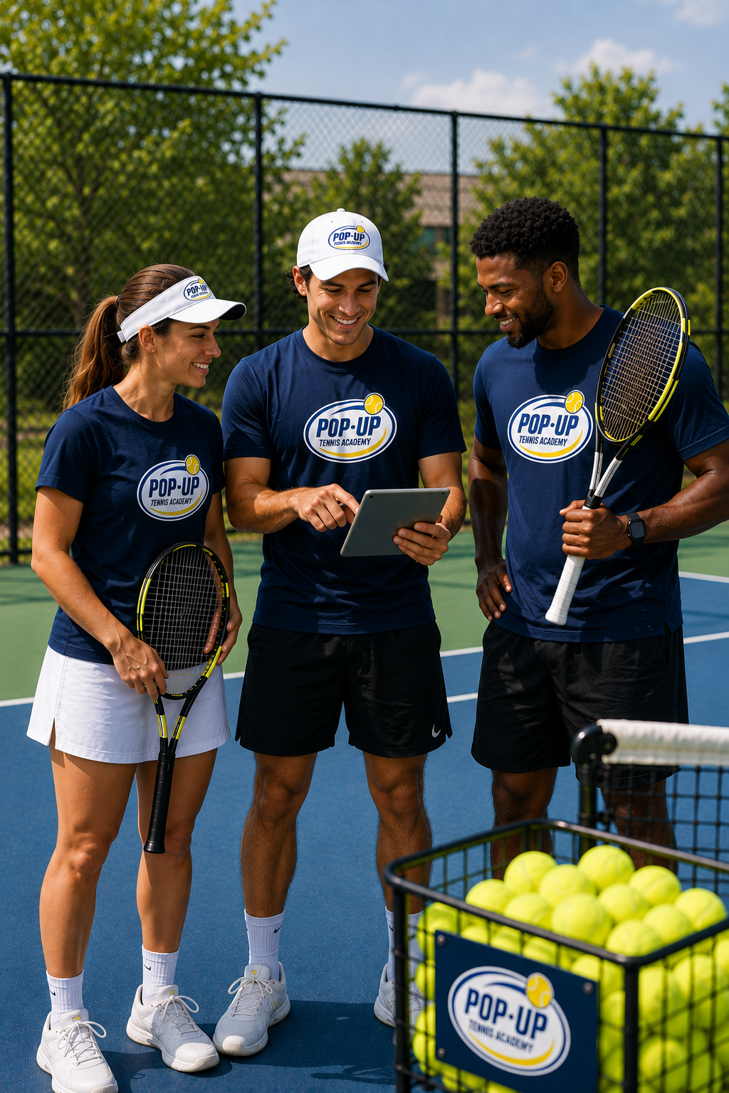 Three tennis players and a coach on a tennis court, looking at a tablet, wearing matching navy t-shirts with 'POP-UP Tennis Academy' logos, with a basket of tennis balls nearby.