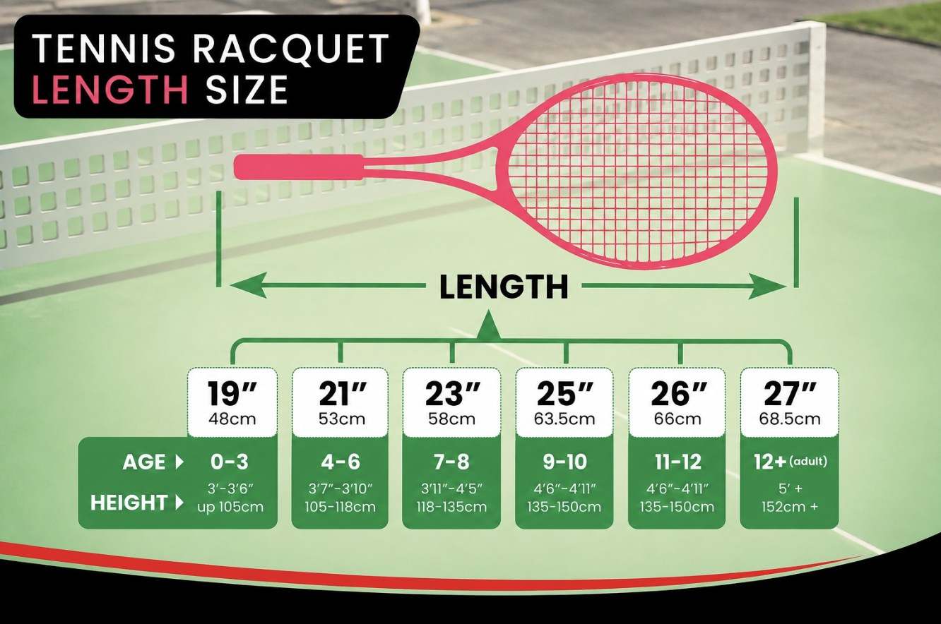 Chart showing tennis racquet length sizes, ranging from 19 inches to 27 inches, with recommended ages and heights for each size.