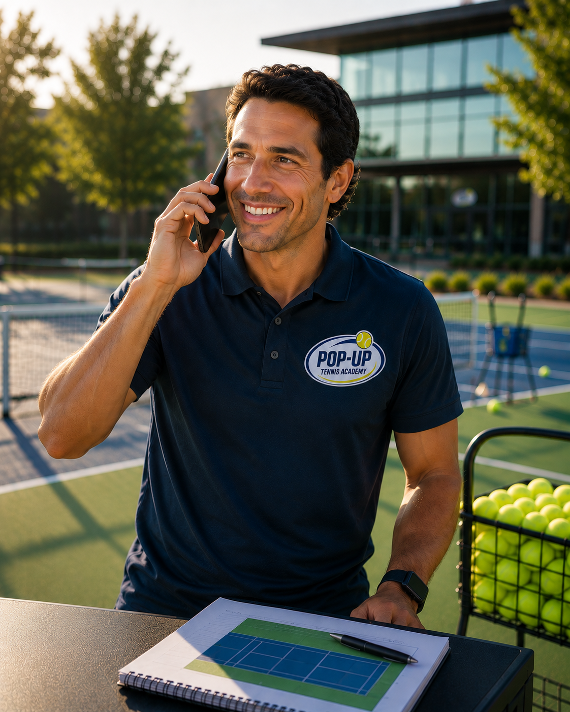 A smiling man in a navy polo shirt with a "Pop-Up Tennis Academy" logo talking on his cellphone at an outdoor tennis court, with tennis balls, a clipboard, and a pen on the table in front of him.