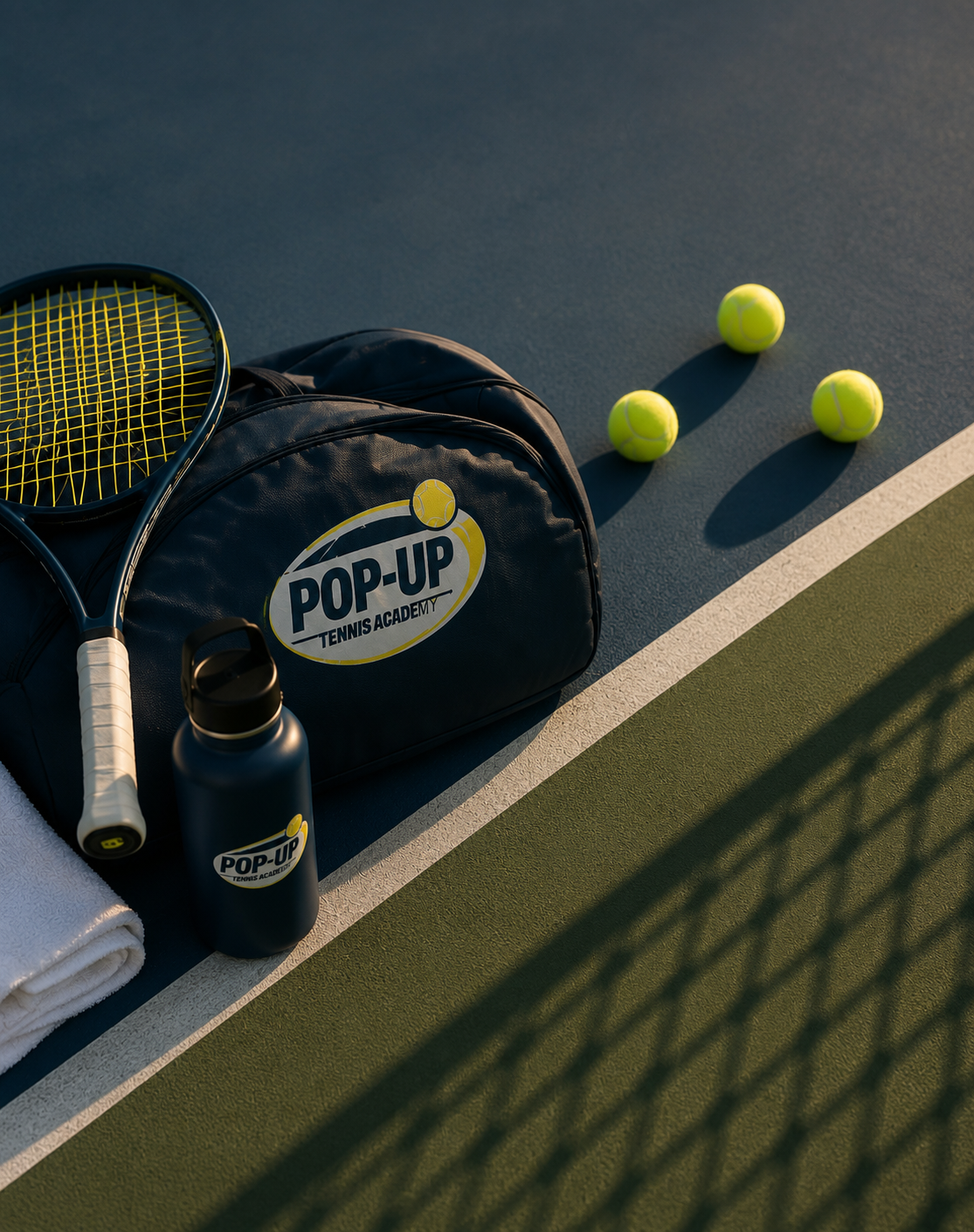 Tennis equipment on a court, including a tennis racket, tennis balls, a water bottle, a towel, and a bag labeled 'POP-UP Tennis Academy'.