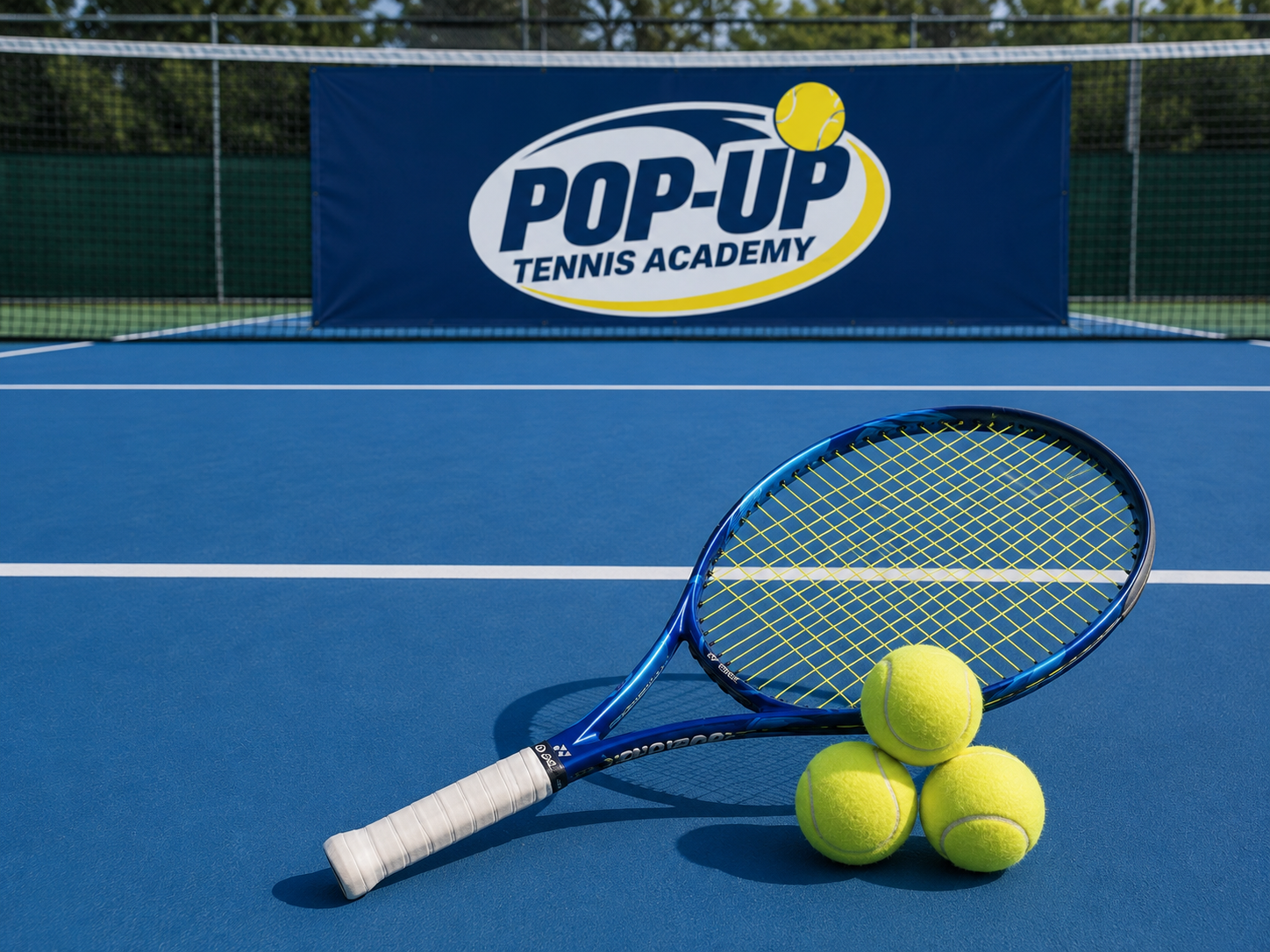 Blue tennis court with a blue sign reading 'POP-UP TENNIS ACADEMY' in the background, a tennis racket, four tennis balls, and a tennis ball in mid-air.