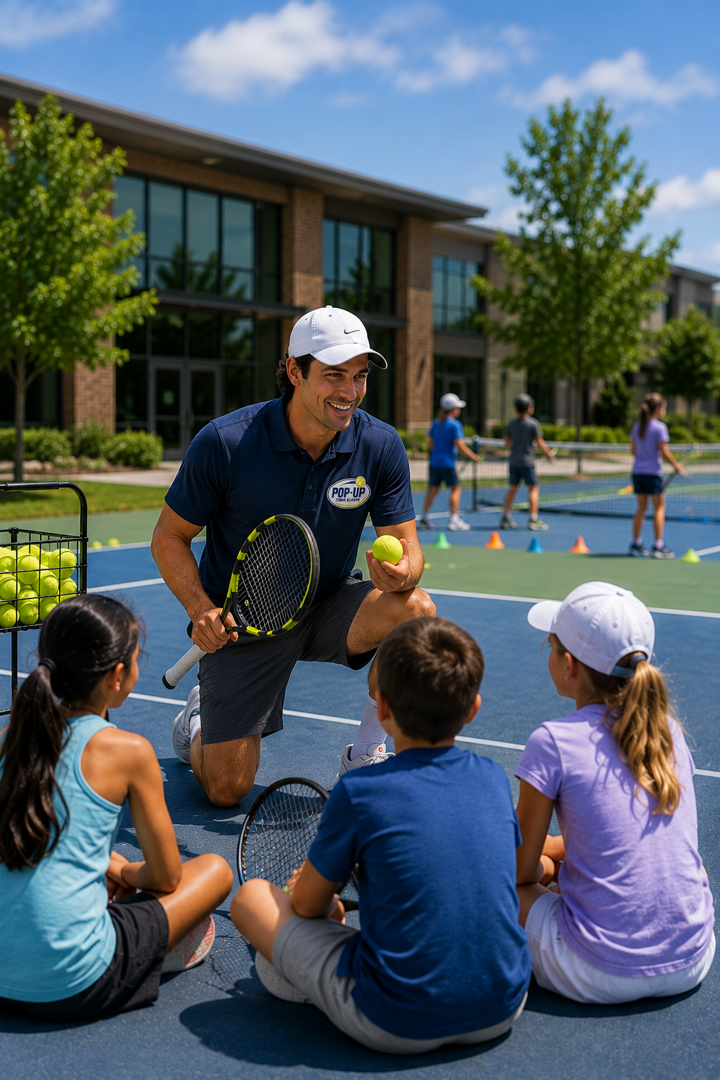 Tennis coach teaching children on an outdoor tennis court