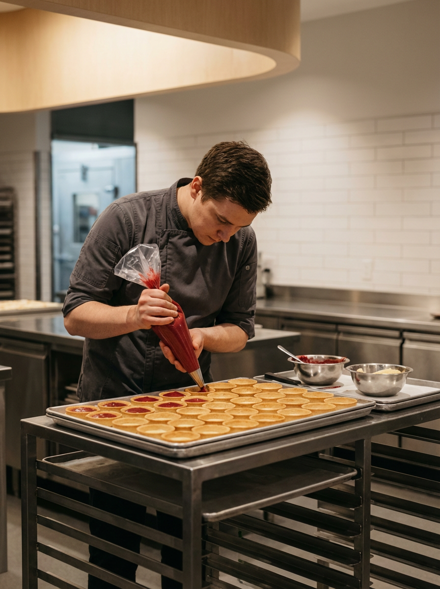 A chef decorates mini tart shells with red filling on a baking sheet in a professional kitchen.