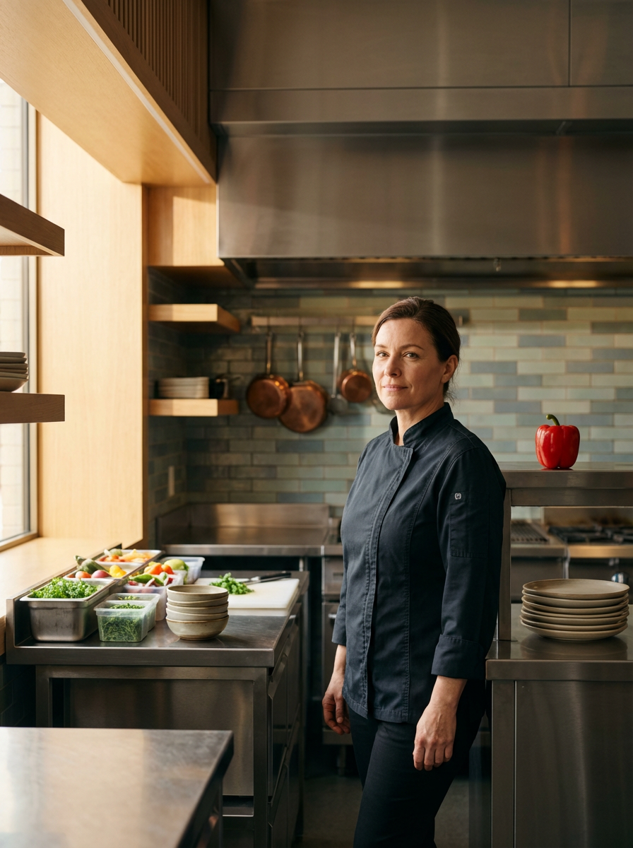 A female chef standing in a professional kitchen with stainless steel surfaces, chopping vegetables, and a red bell pepper on a shelf behind her.