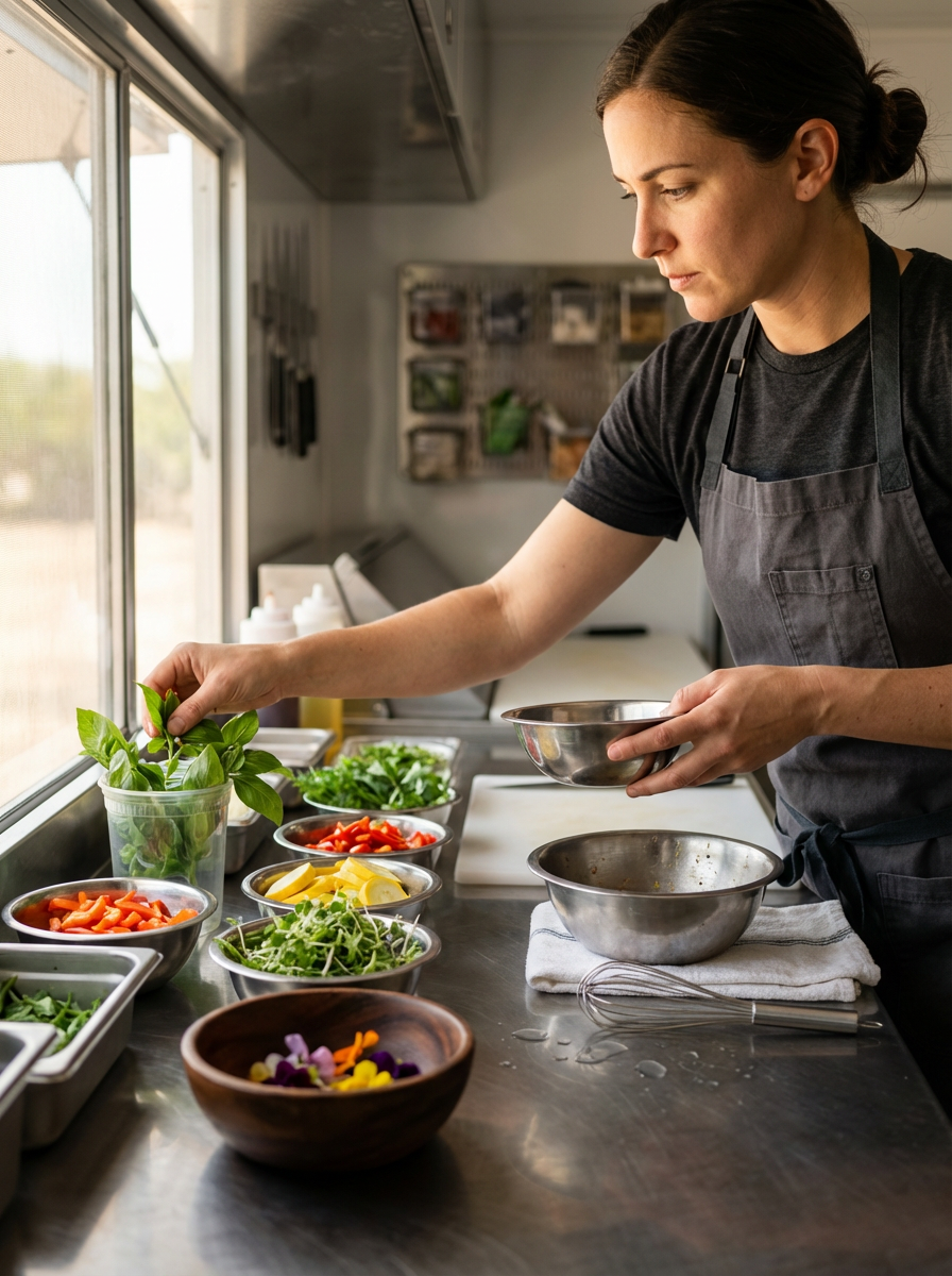 A woman in a black t-shirt and grey apron preparing a salad with fresh vegetables in bowls by a sunny kitchen window.