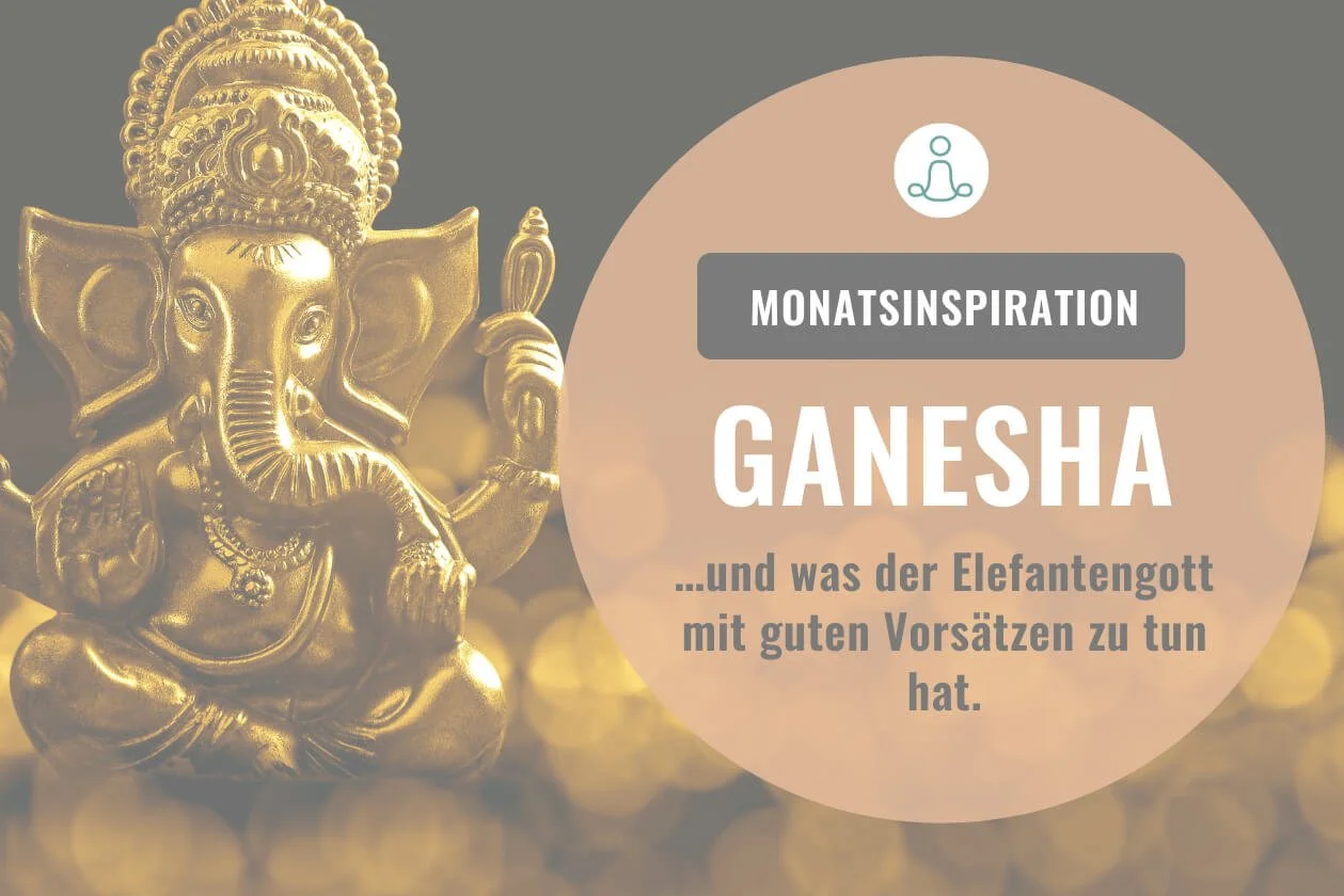 Goldene Ganesha-Figur, dazu der Schriftzug Ganesha