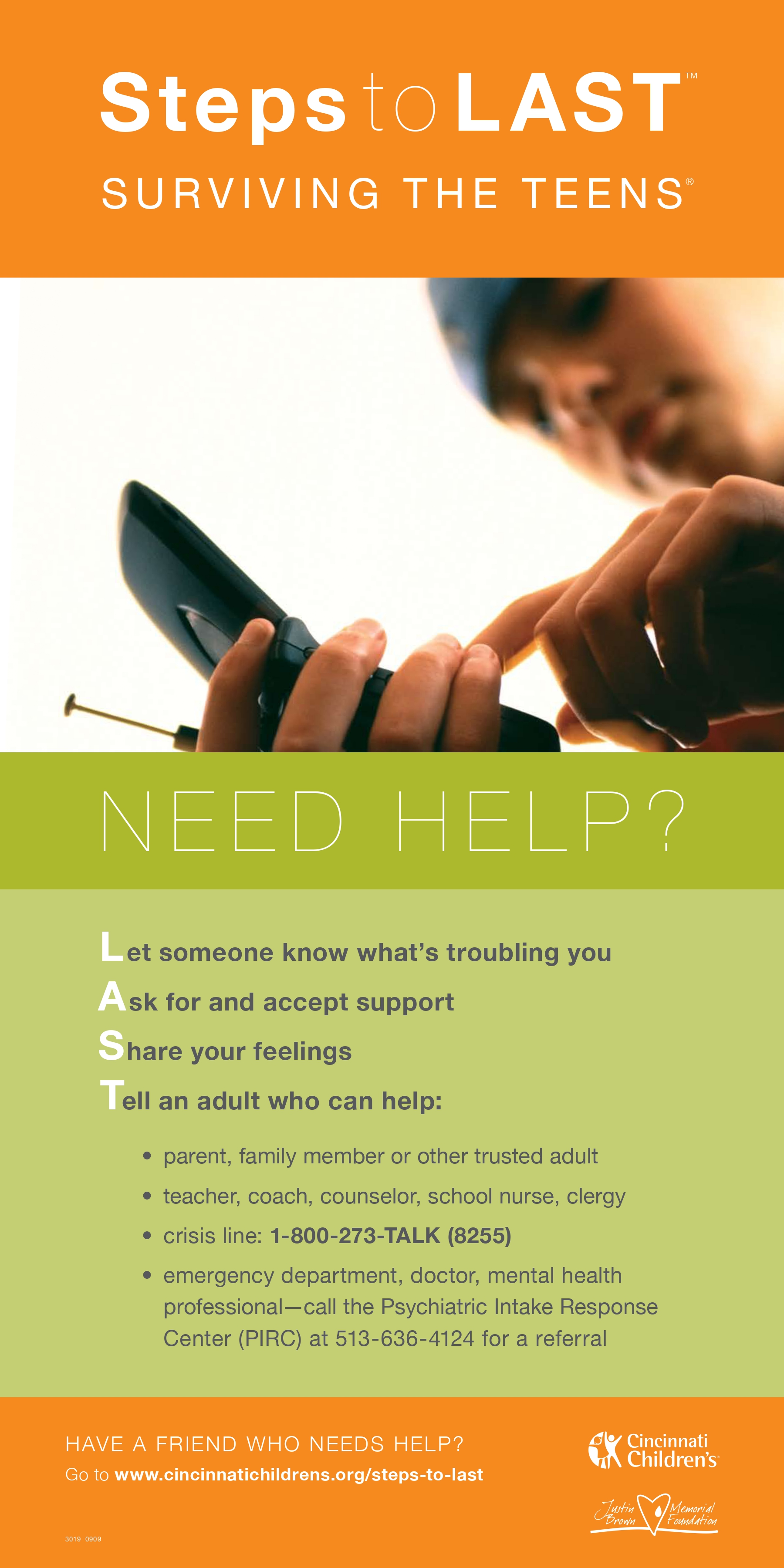 A Steps to LAST™ poster focused on helping yourself, offering practical guidance for letting someone know about signs of depression or suicide and to seek help from a trusted adult. Ideal for classrooms and community settings.