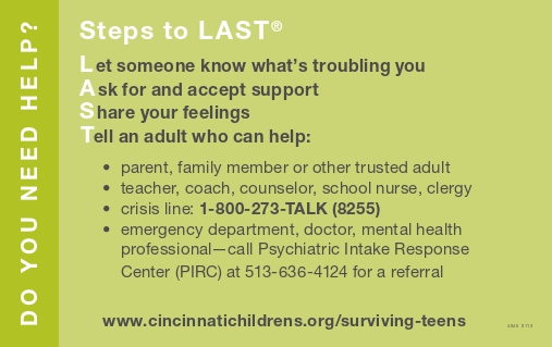A two‑sided Steps to LAST™ card featuring practical steps teens can take to help themselves when feeling troubled. Includes guidance on letting someone know, asking for support, sharing feelings, and telling a trusted adult.
