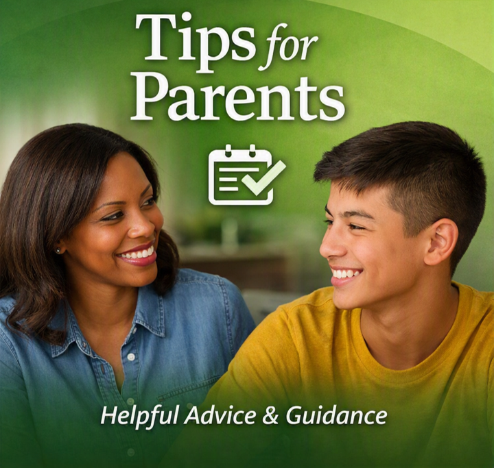Mother and teenage son smiling at each other at a table.