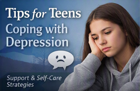 Teen girl with brown hair and gray hoodie looking down with a sad expression, against a blue background with text about tips for teens coping with depression and support strategies.