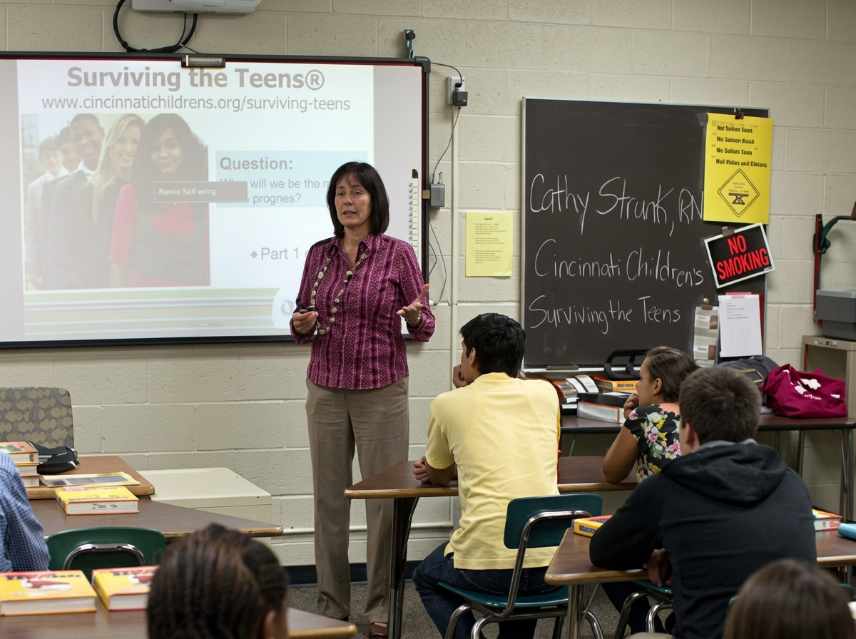A classroom scene with a woman teacher standing at the front, giving a presentation on surviving the teens, while several students sit at desks listening. There is a blackboard with the teacher's name, Cathy Strunk, RN, and the topic, Cincinnati Children's Surviving the Teens. A projection screen displays a slide titled 'Surviving the Teens' with a photo of smiling teenagers and a question. The classroom has a 'No Smoking' sign and yellow notices on the wall.