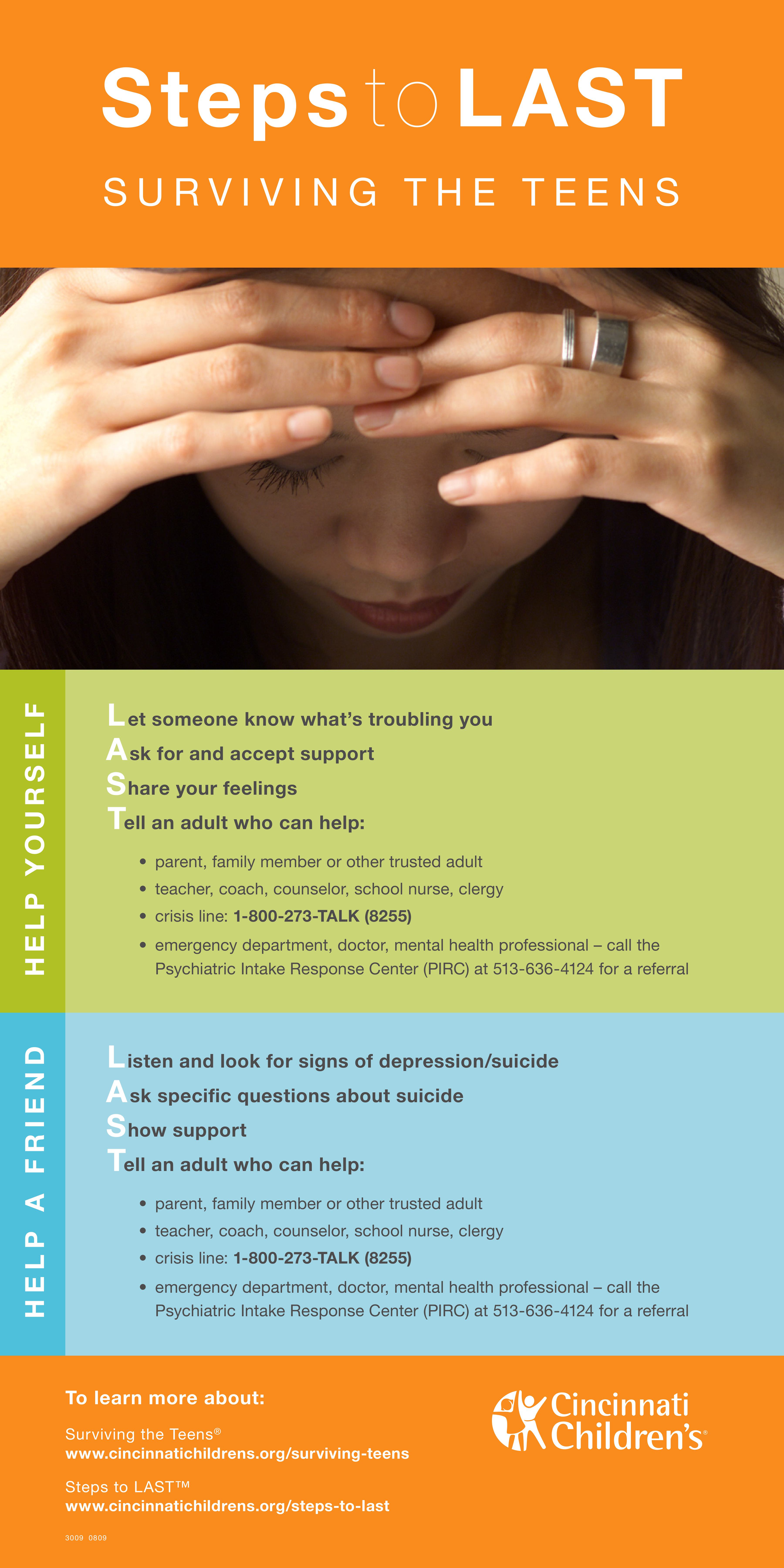 An educational Steps to LAST™ poster displaying both sets of steps—Help Yourself and Help a  Troubled Friend. Designed for classrooms and hallways, it provides clear guidance on recognizing suicide warning signs and getting help.