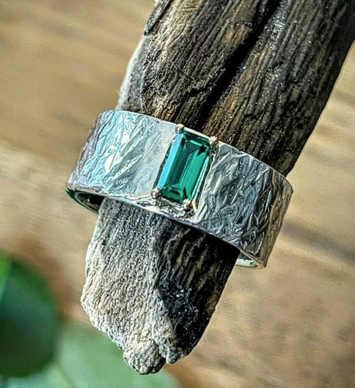 Lab Emerald Sterling 14K Yellow Gold Textured Ring