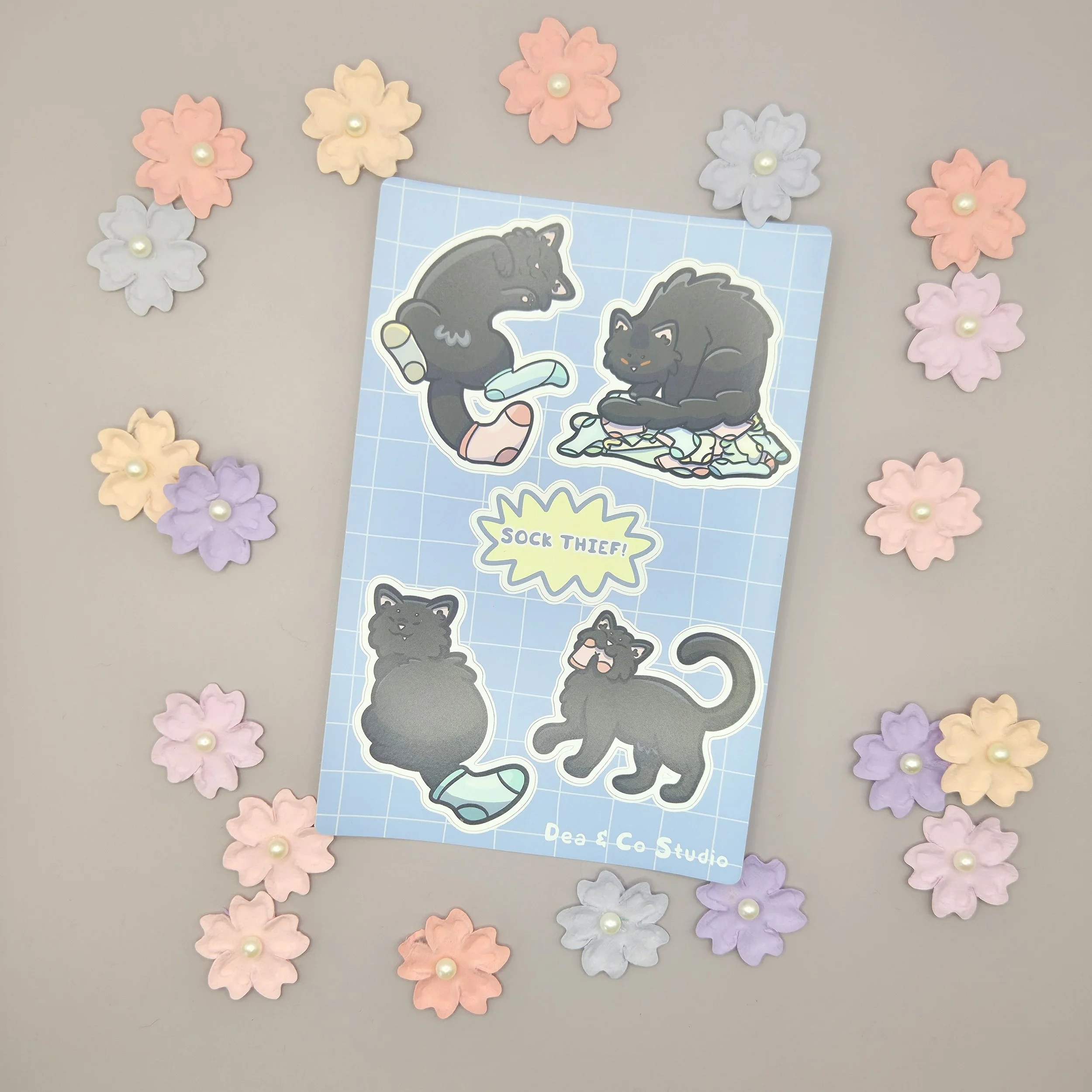 'Sock Thief' Black Cat A6 Sticker Sheet