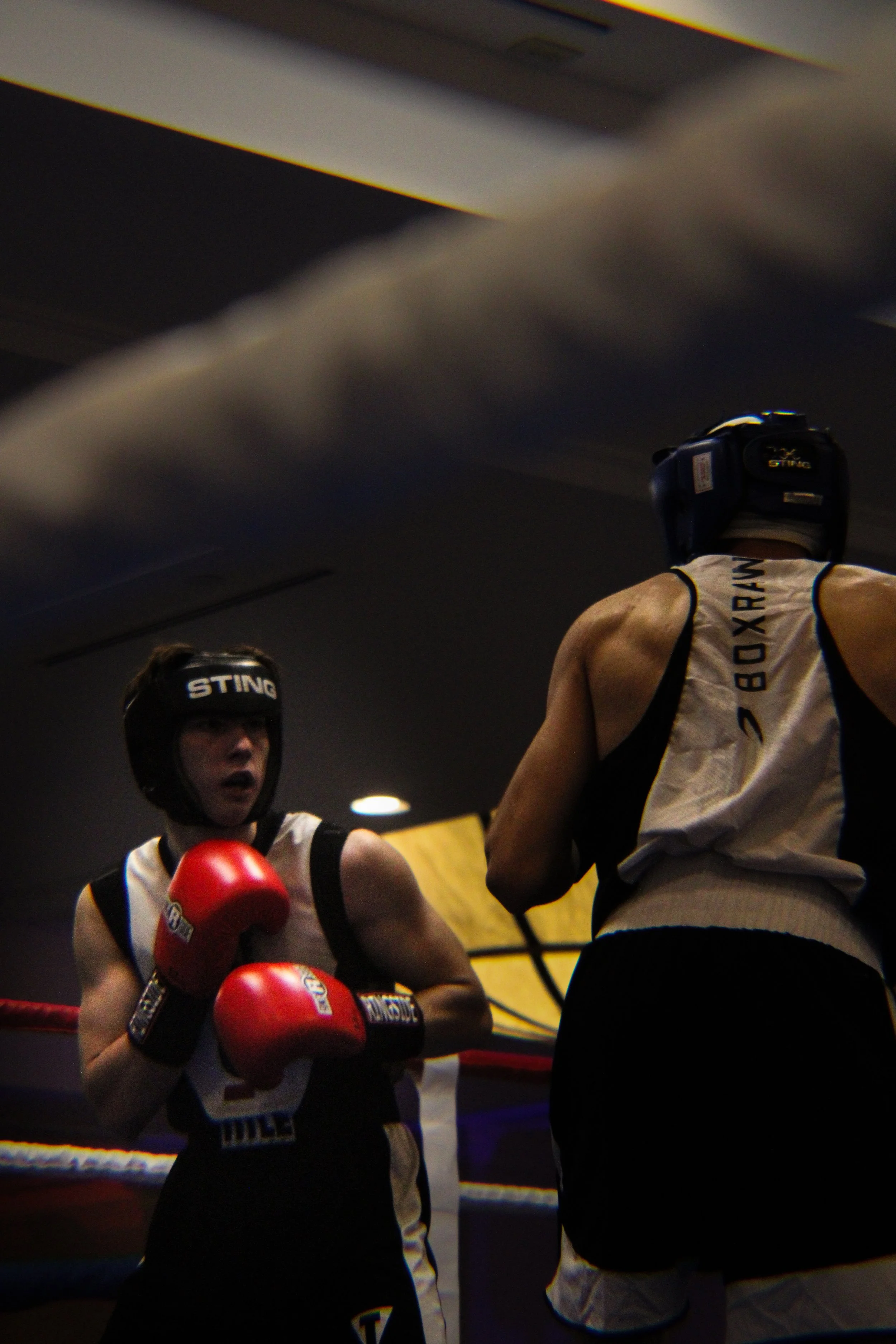Two young boxers in a boxing ring, one wearing red gloves and a white sports outfit with black and yellow accents, the other in a white and black boxing outfit with visible back and arm muscles, and a black headgear. They are engaged in training or a sparring session.