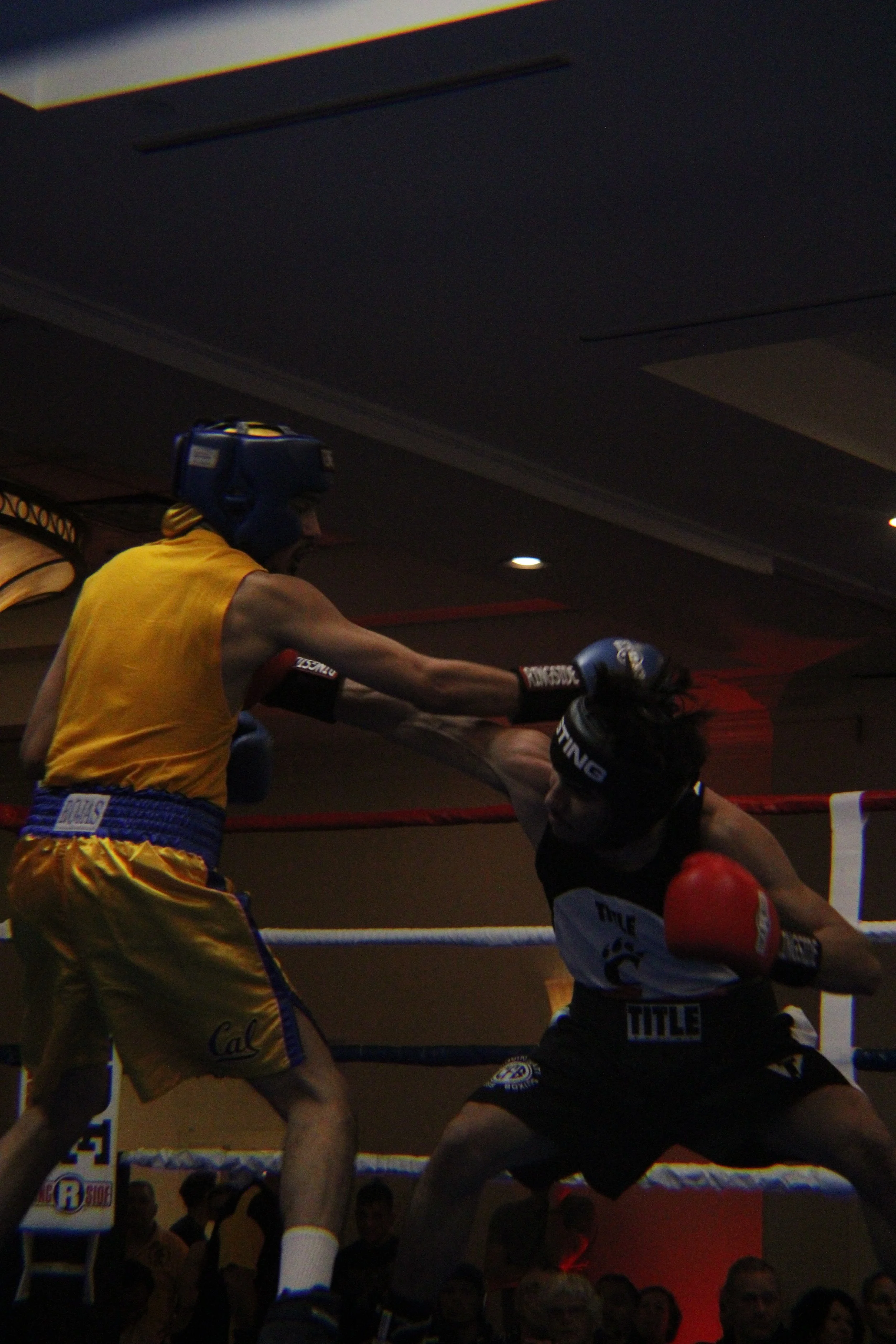 Boxers in a ring during a match, with one boxer wearing a yellow outfit and the other wearing a black and white outfit, both wearing protective headgear and gloves. Spectators watch from below.